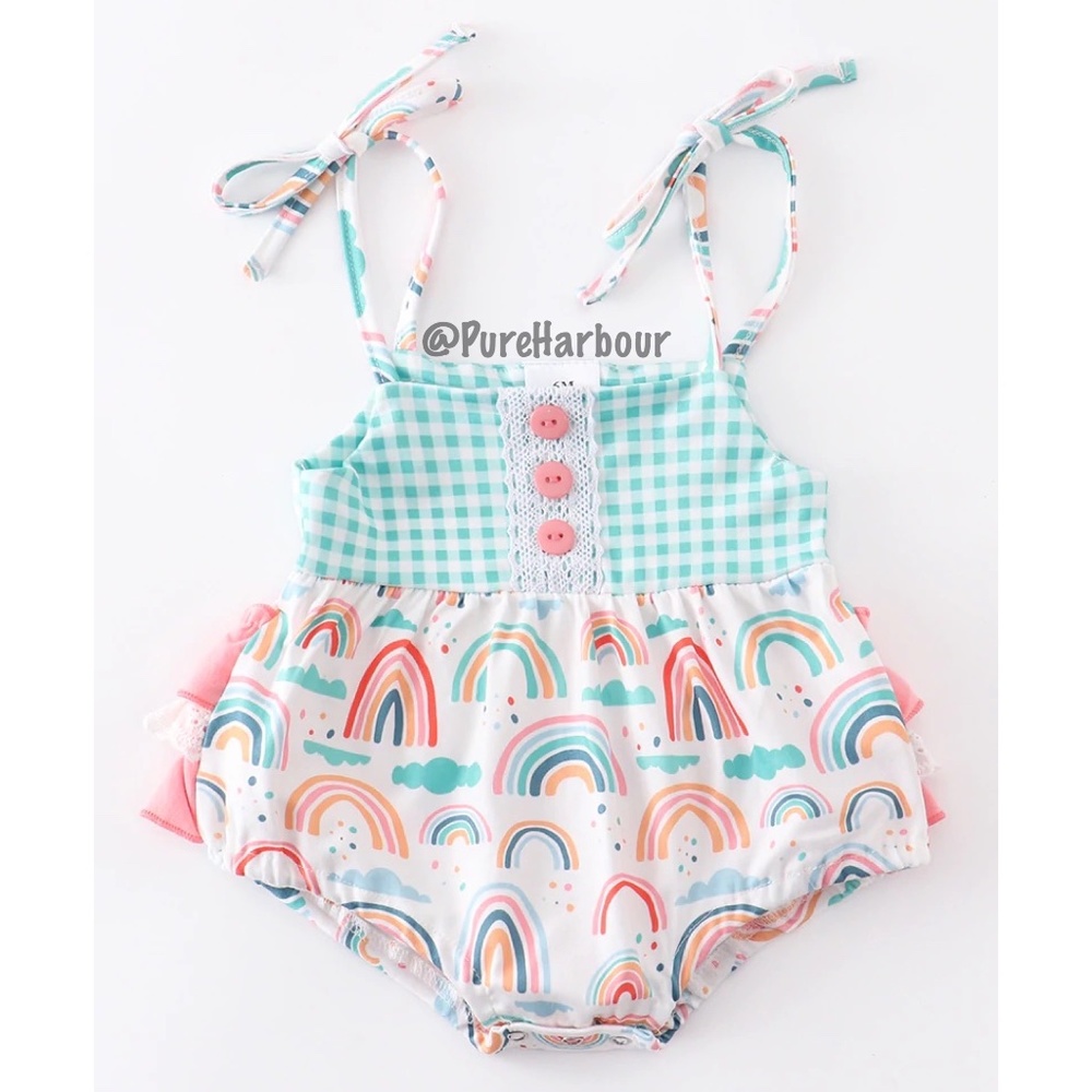 Rainbow Plaid Ruffle Baby Bubble Romper